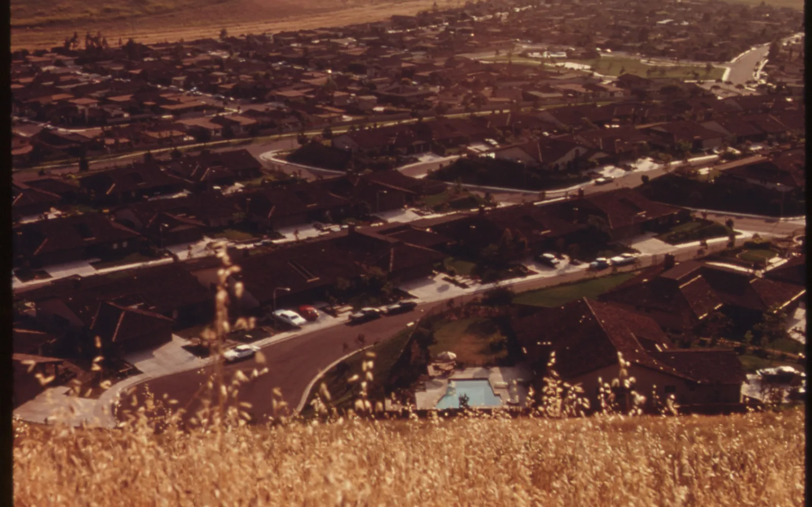 Aerial view of planned residential development in Irvine Ranch area, California, 1975